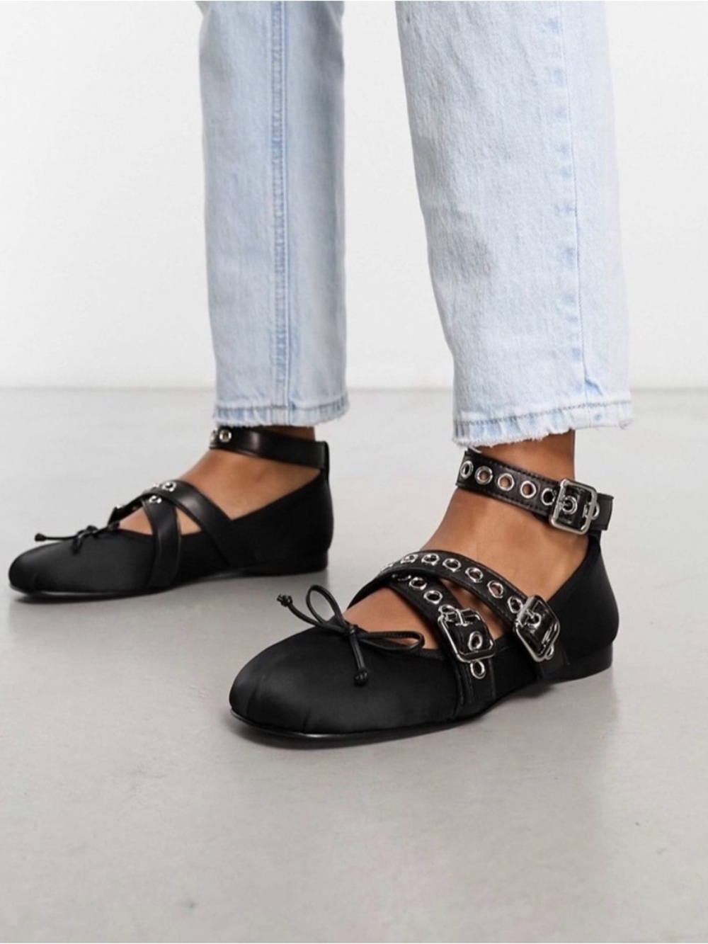 Jeffrey Campbell Choreo Moto Black Satin Ballet Flats 9 Punk Ballerina Mary Jane - Picture 3 of 8
